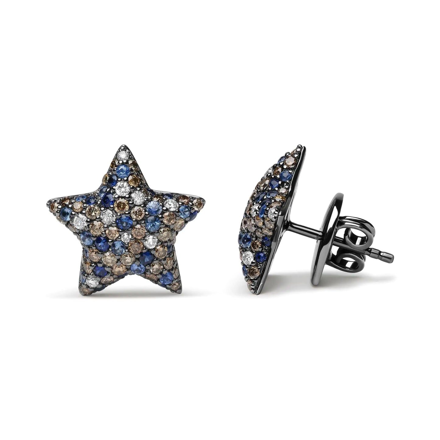 Black-Rhodium-Plated White Gold Diamond and Blue Sapphire Star Stud Earrings