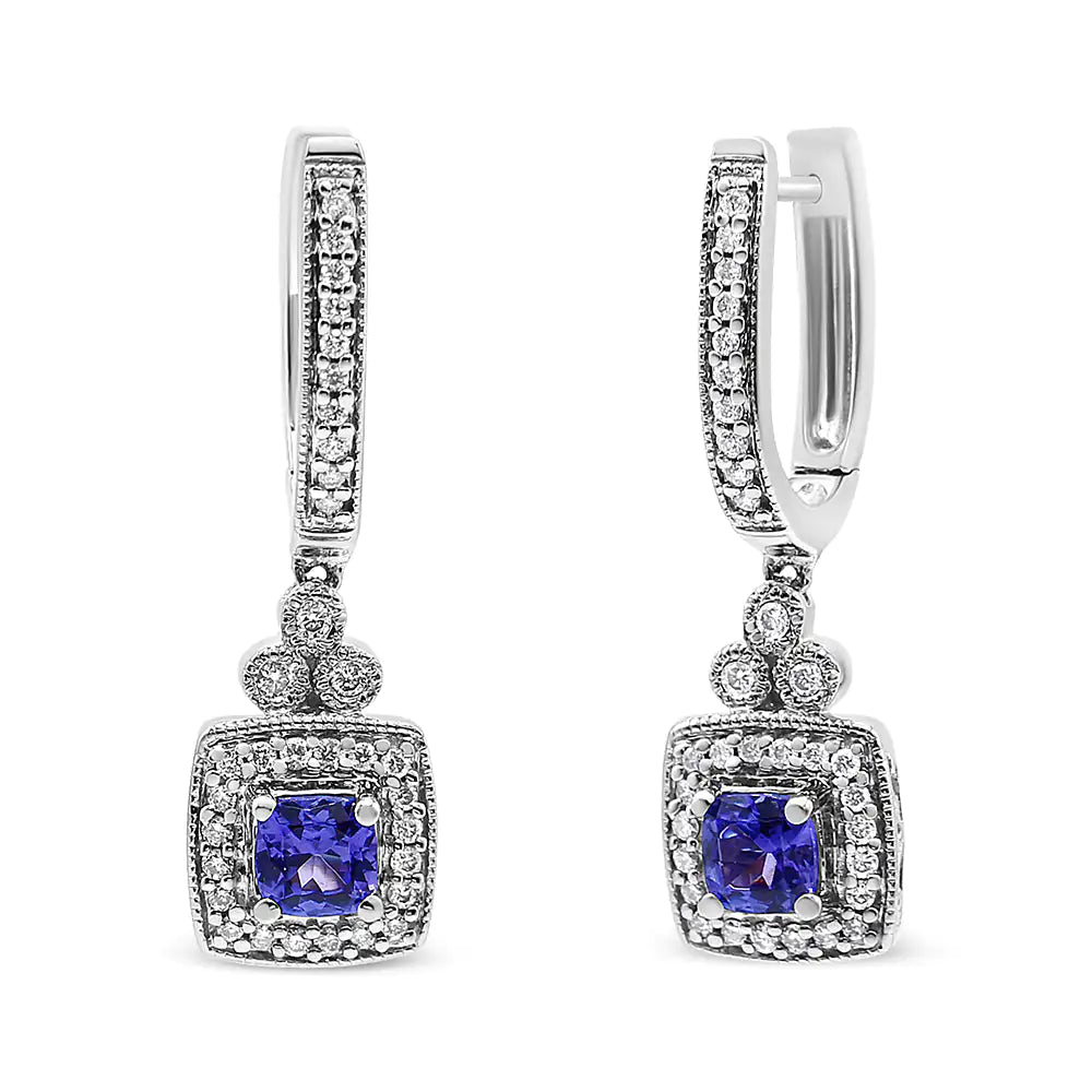 White Gold Blue Tanzanite and Diamond Halo Drop-and-Dangle Earrings