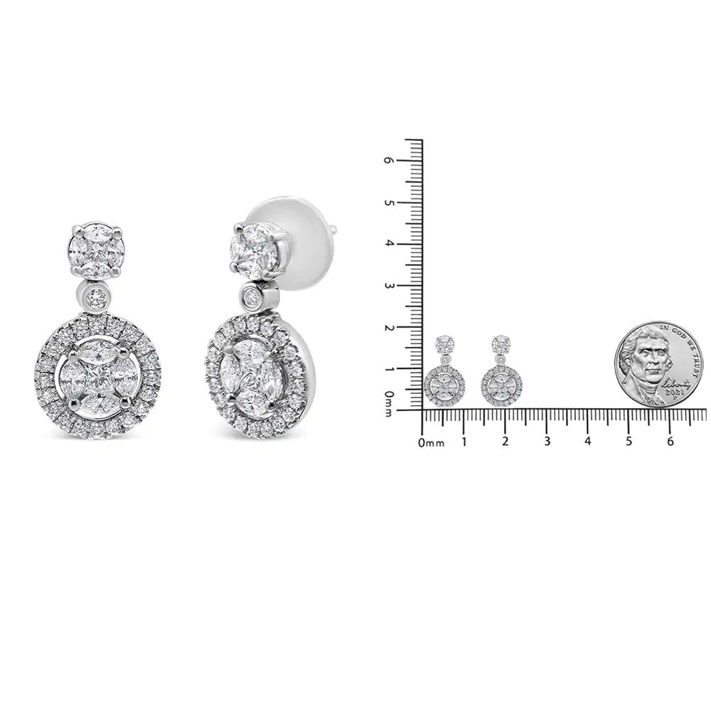 White Gold Round-Shape Diamond Composite Halo Dangle Stud Earrings