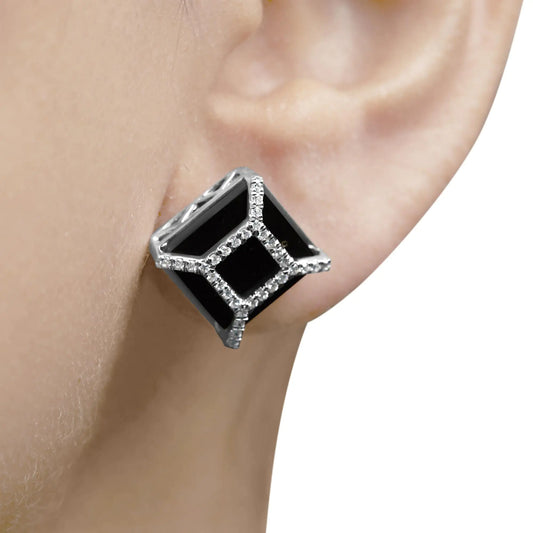 White Gold Diamond with Black Onyx Stud Earrings