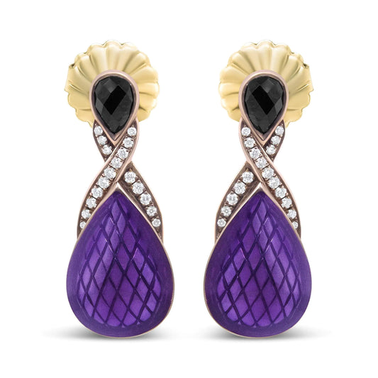 Rose-Gold-Flash-Plated Silver Purple Enamel Diamond and Black Onyx Drop Earrings