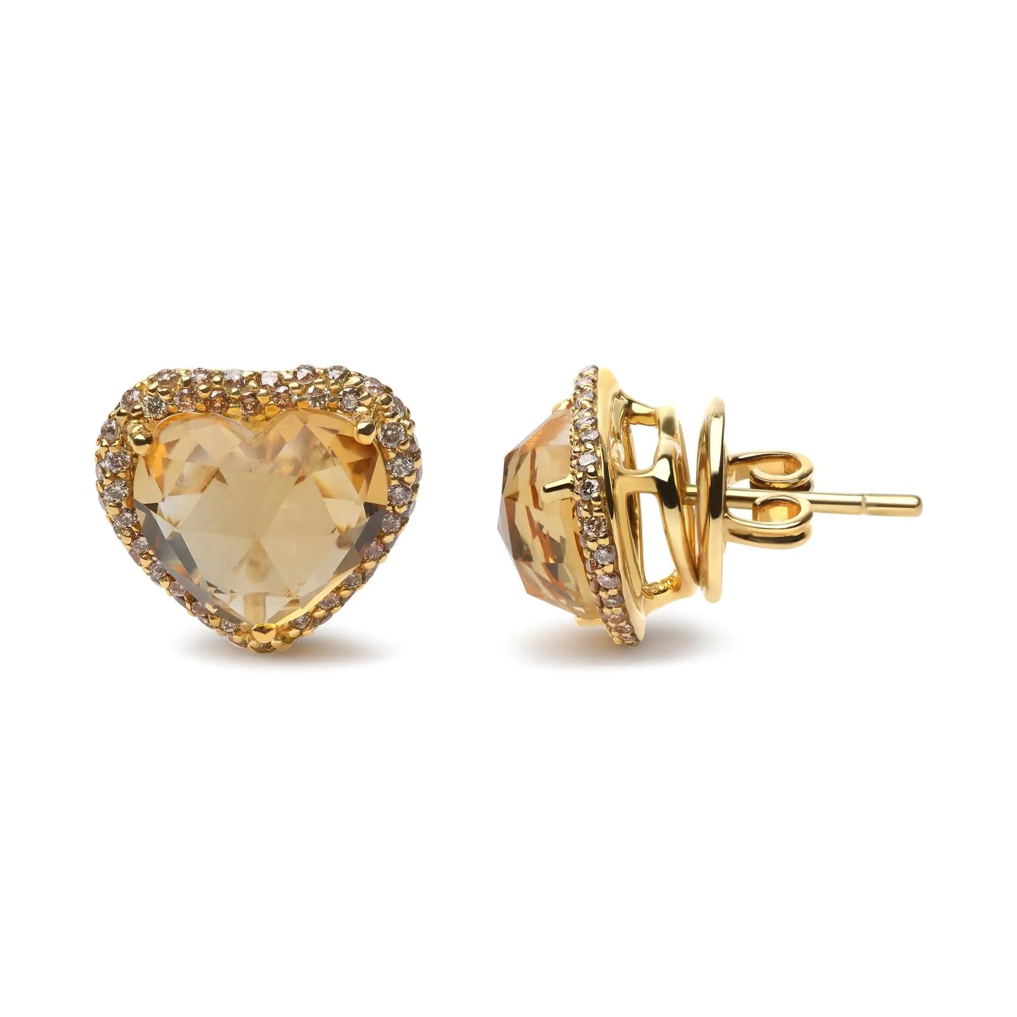 Yellow Gold Brown Diamonds and Heart-Cut Yellow Citrine Halo Heart Stud Earrings