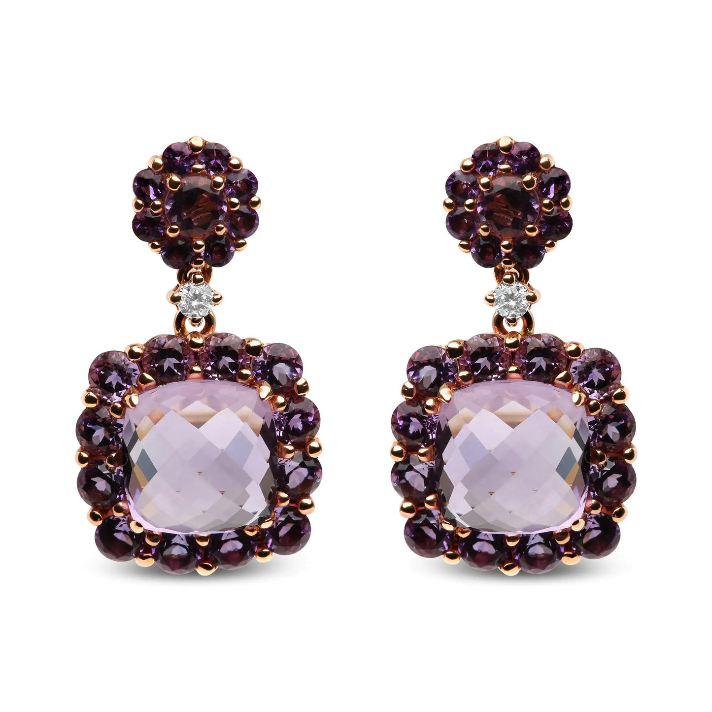 Rose Gold Diamond Accent and Pink and Purple Amethyst Halo Dangle-Drop Earrings