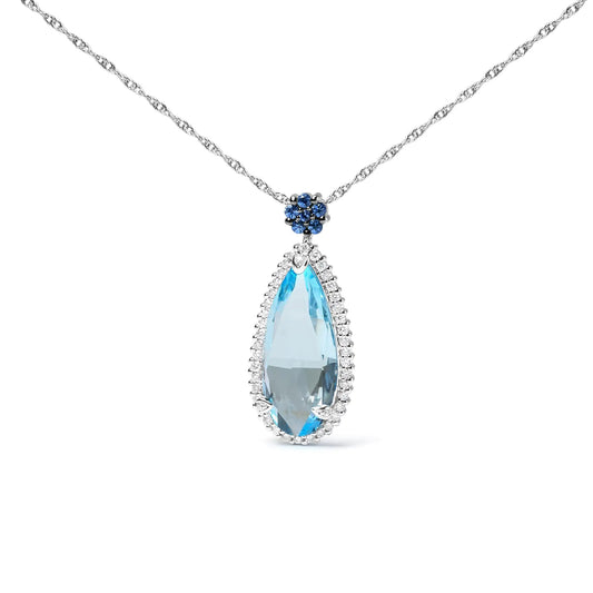 White Gold Diamond and Sky-Blue Topaz and Blue Sapphire Gemstone Floral Teardrop Halo Pendant Necklace