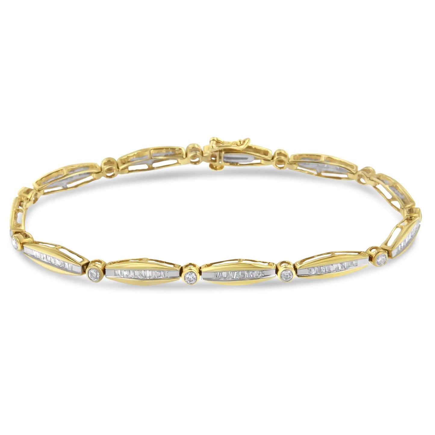 Yellow Gold Round Brilliant-Cut and Baguette-Cut Diamond and Tapered-Link Tennis Bracelet