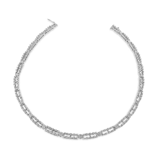 White Gold Diamond Alternating Bar and Floral-Cluster Link Necklace