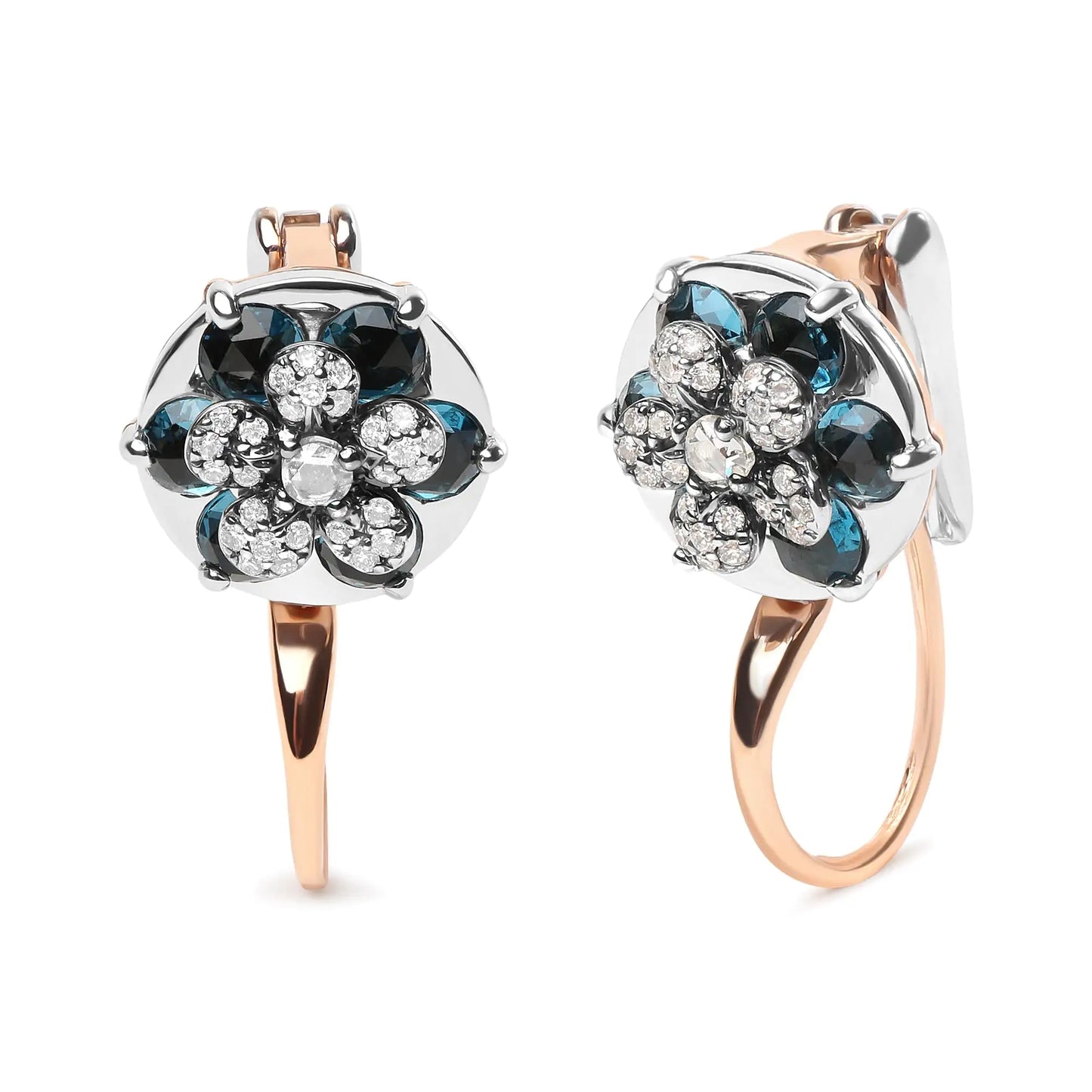 Rose-and-White Gold Diamond and London-Blue Topaz Cluster Floral-Drop Hoop Earrings