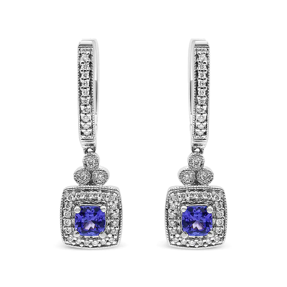 White Gold Blue Tanzanite and Diamond Halo Drop-and-Dangle Earrings