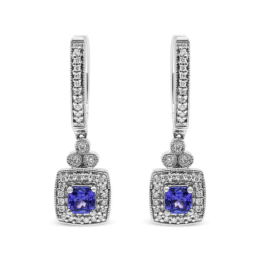 White Gold Blue Tanzanite and Diamond Halo Drop-and-Dangle Earrings