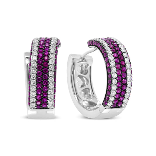 White Gold Diamond and Round Red Ruby Open-Swish Hoop Earrings