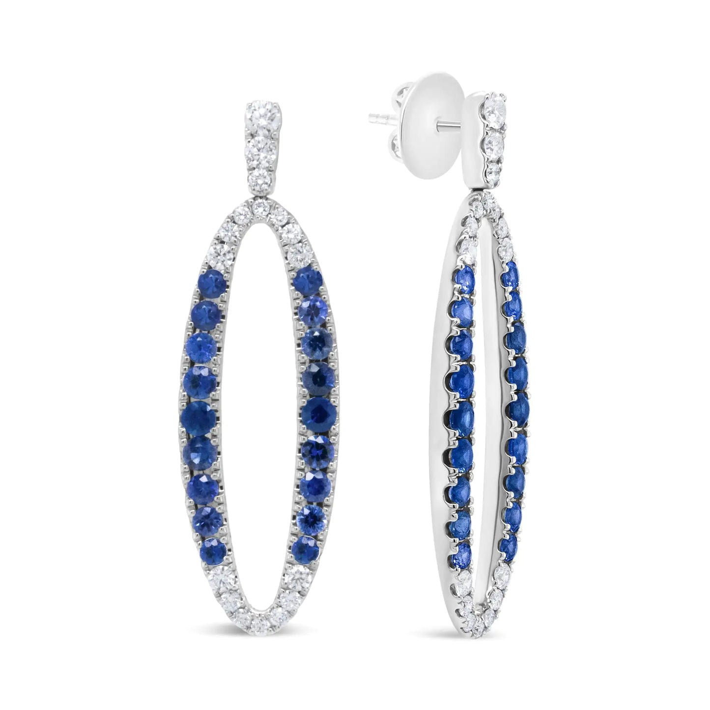 White Gold Round Blue Diamond and Light-and-Dark Blue Sapphire Openwork Oval-Shaped Dangle Earrings