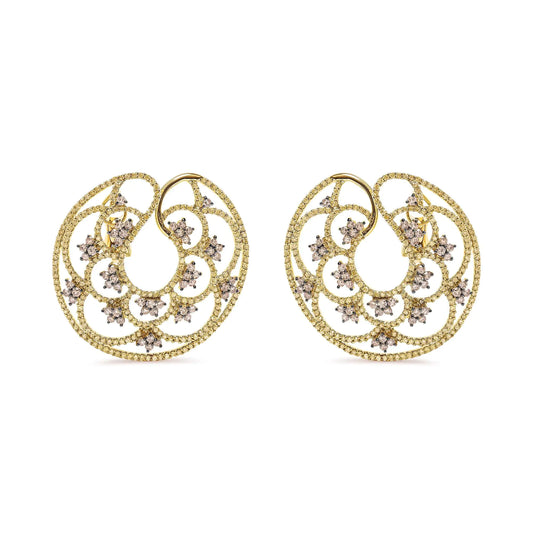 Yellow Gold Diamond Sun-and-Stars Open-Hoop Earrings