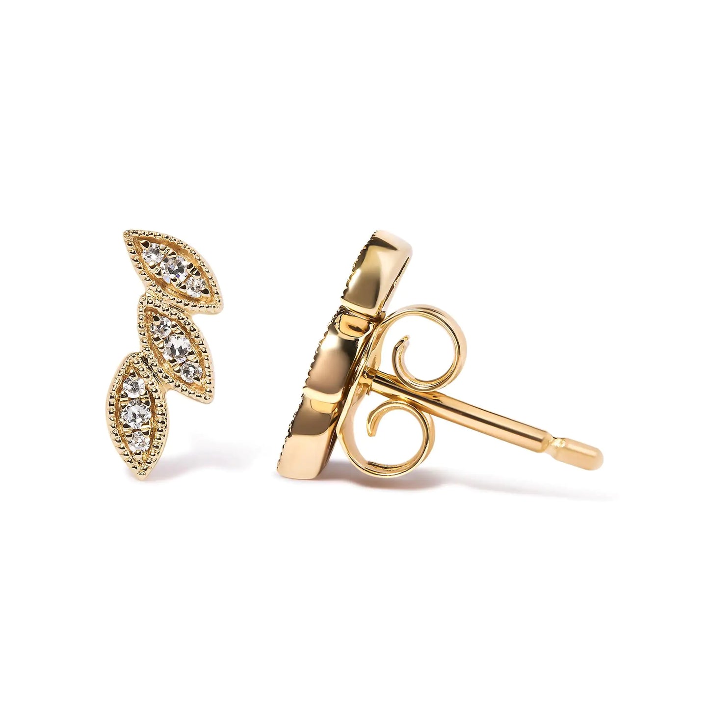 Yellow Gold Diamond Triple-Leaf Stud Earrings