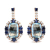 White-and-Rose Gold Diamond with Round Blue Sapphire and Cushion-Cut Topaz Gemstone Cluster Dangle Earrings