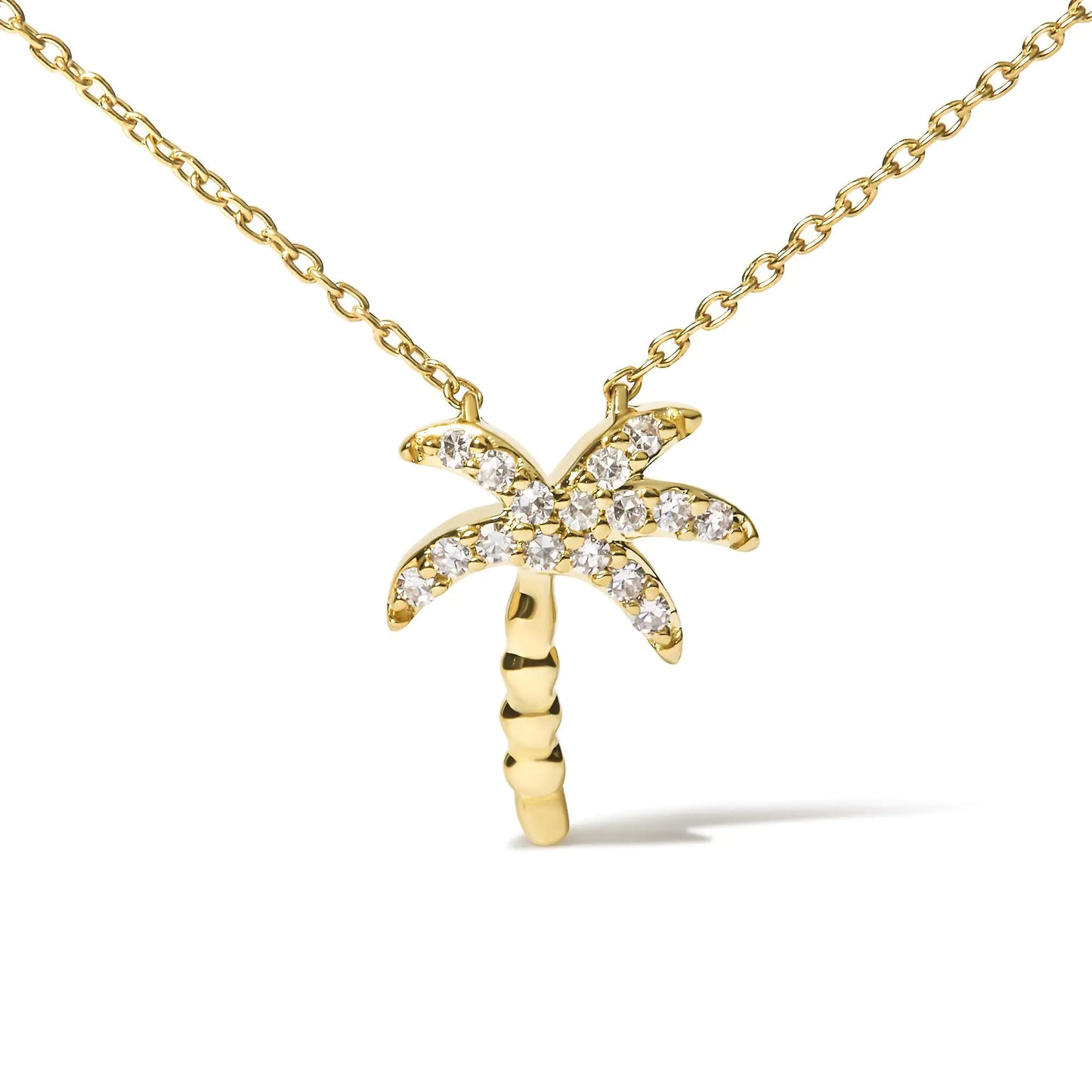 Yellow Gold Round Diamond Palm Tree Pendant Necklace