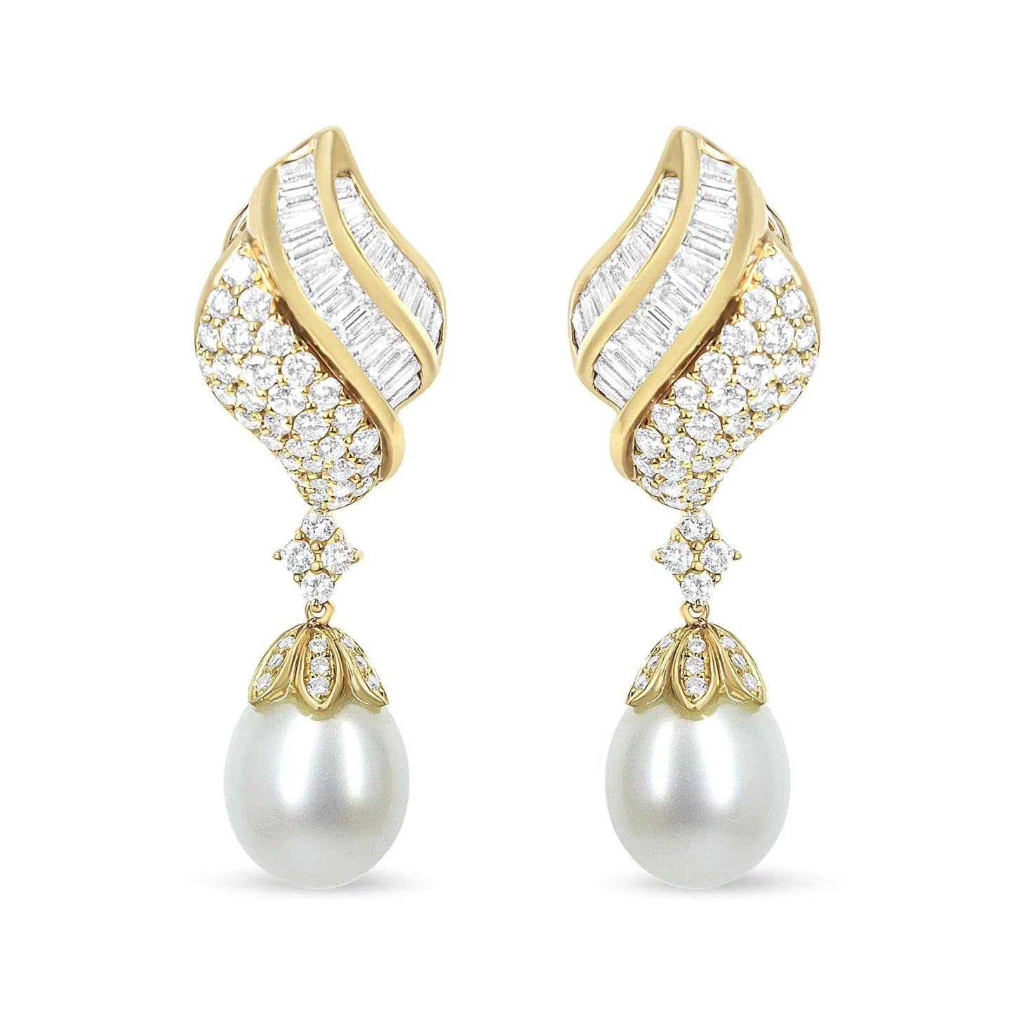 Yellow Gold Baguette-and-Round Diamond South-Sea Pearl Drop Dangle Earrings