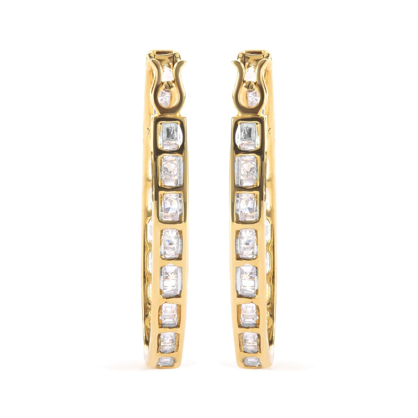 Yellow Gold Round-and-Baguette-Cut Diamond U-Hoop Earrings