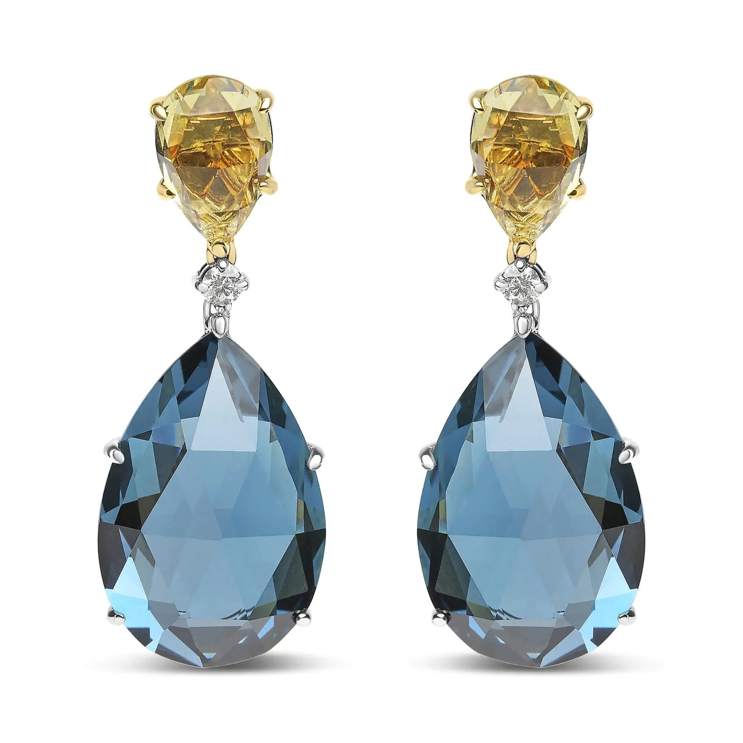 White-and-Yellow Gold Diamond with Pear-Cut Lemon Quartz and Pear-Cut London Blue Topaz Gemstone Dangle Earrings