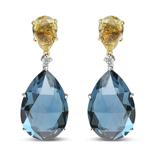 White-and-Yellow Gold Diamond with Pear-Cut Lemon Quartz and Pear-Cut London Blue Topaz Gemstone Dangle Earrings