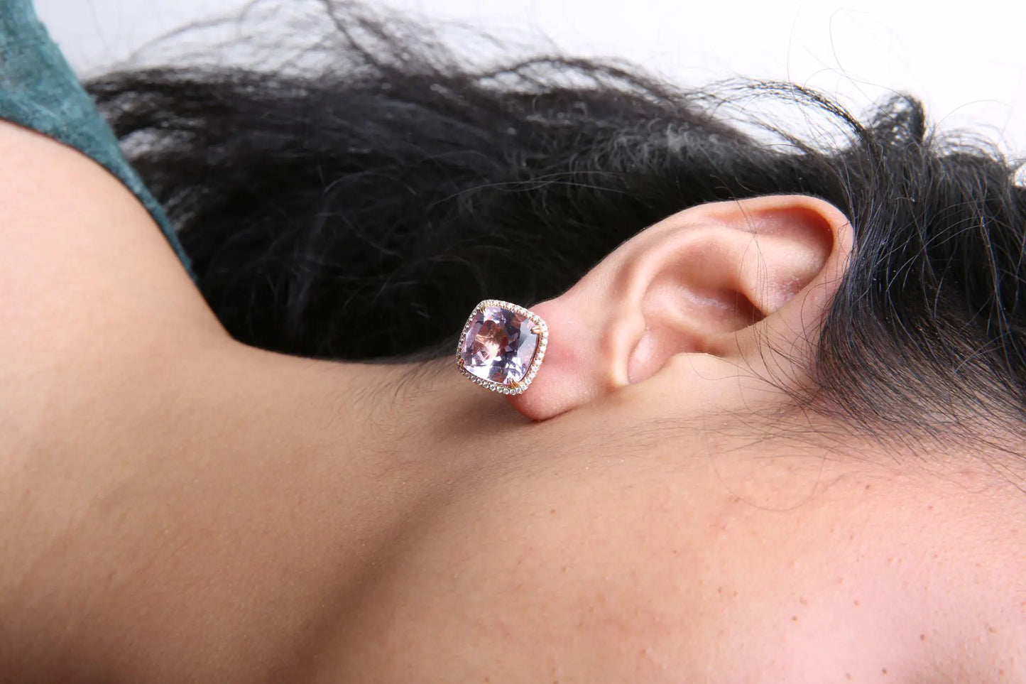 Rose-and-White Gold Round Diamond and Cushion-Cut Rose-de-France Pink Amethyst Clip-On Stud Earrings