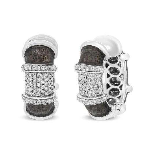 White Gold Flash-Plated Silver Clear Graphite Grey Enamel Round Diamonds Huggie Hoop Earrings