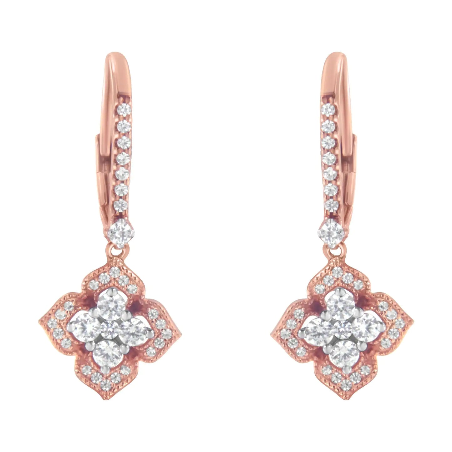 Rose Gold Diamond Flower Drop-Dangle Earrings