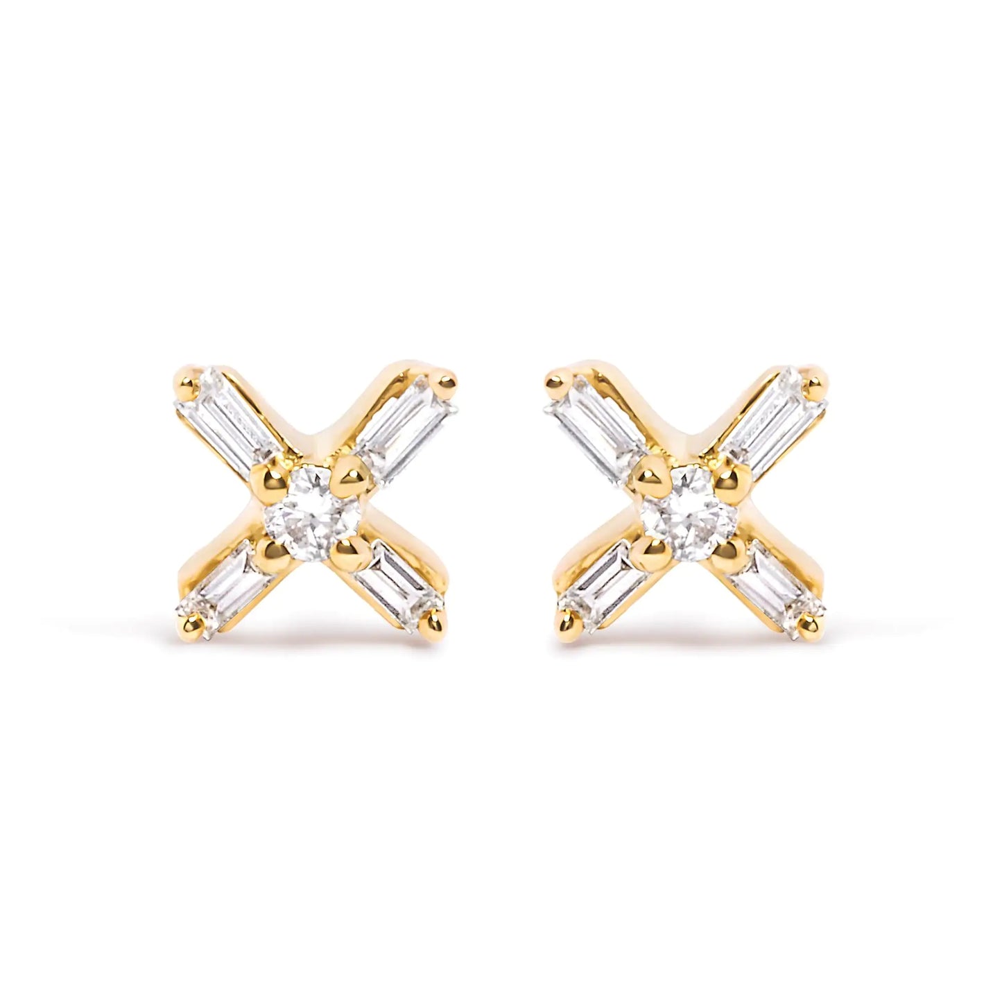 Yellow Gold Round-and-Baguette Diamond Criss-Cross X-Stud Earrings