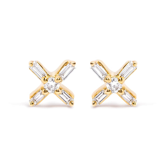 Yellow Gold Round-and-Baguette Diamond Criss-Cross X-Stud Earrings