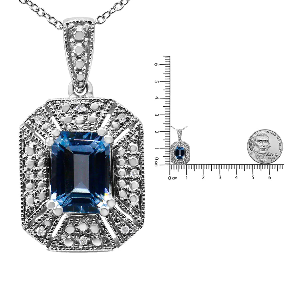 Silver Blue Topaz and Diamond Accent Art-Deco-Style Pendant Necklace