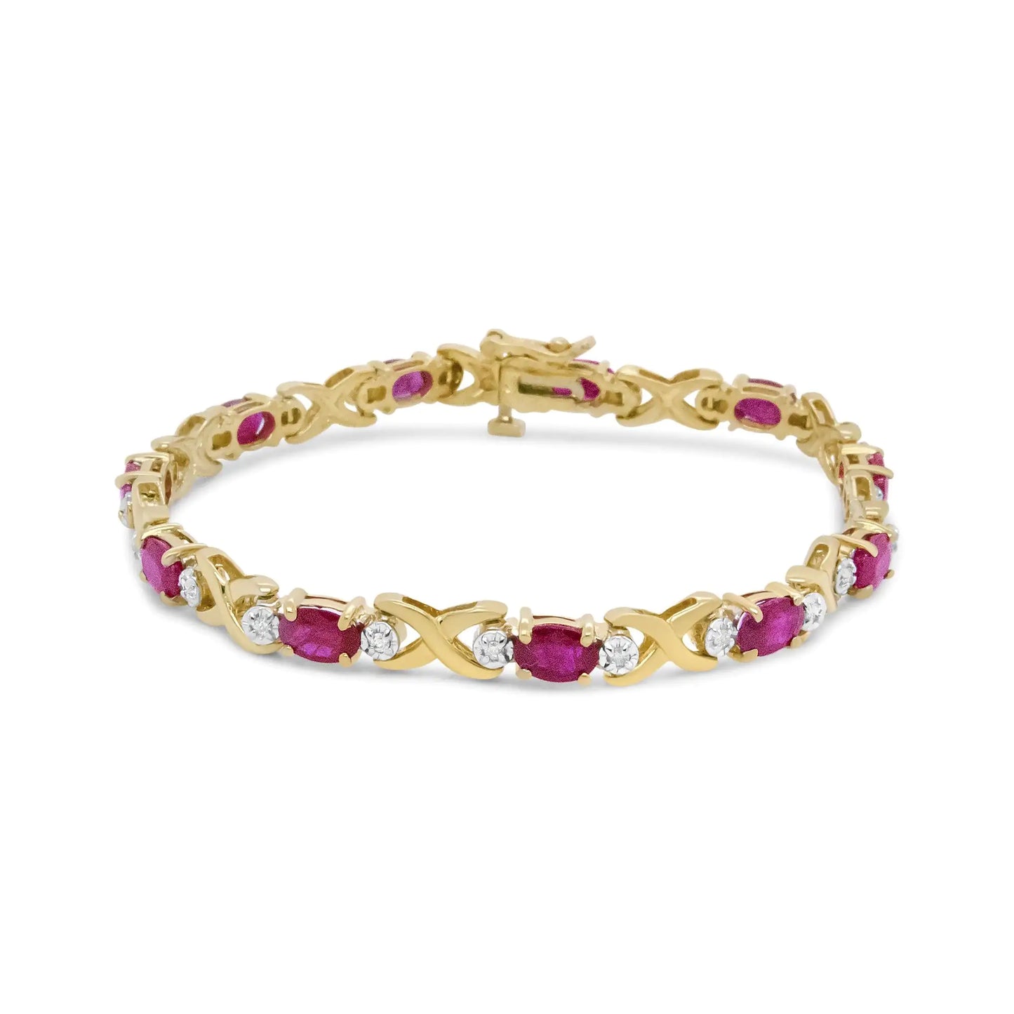 Yellow Gold Diamond and Red Ruby Alternating X-Link Bracelet