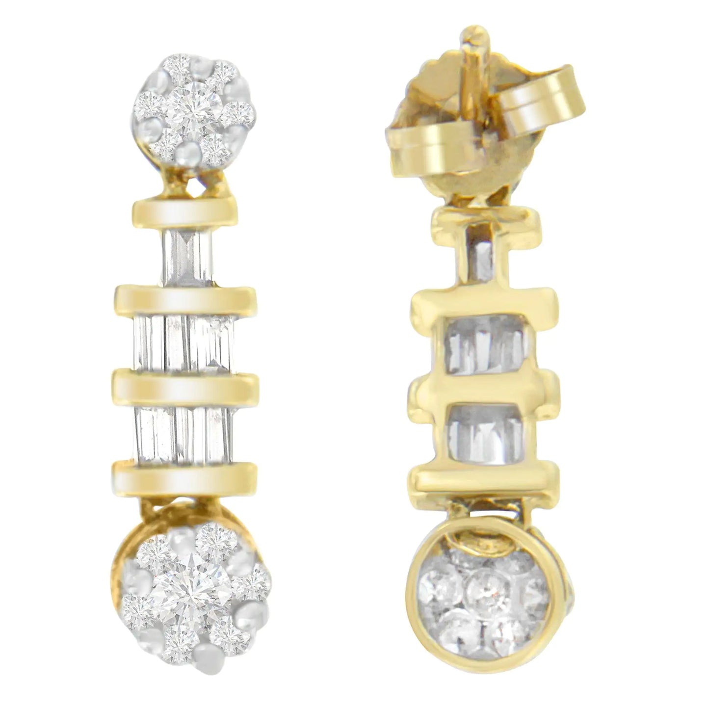 Yellow Gold Round-Cut and Baguette-Cut Diamond Earrings