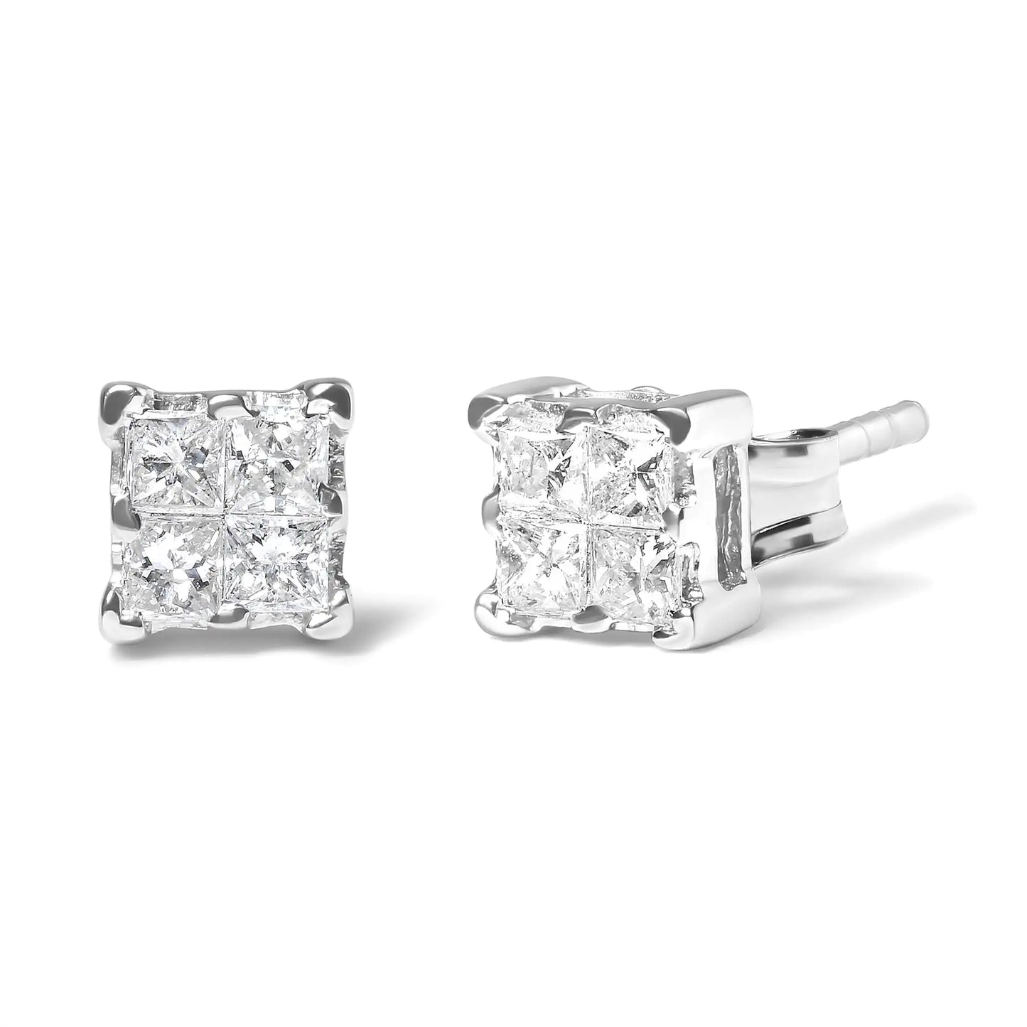 Silver Invisible-Set Princess Diamond Composite Quad Stud Earrings