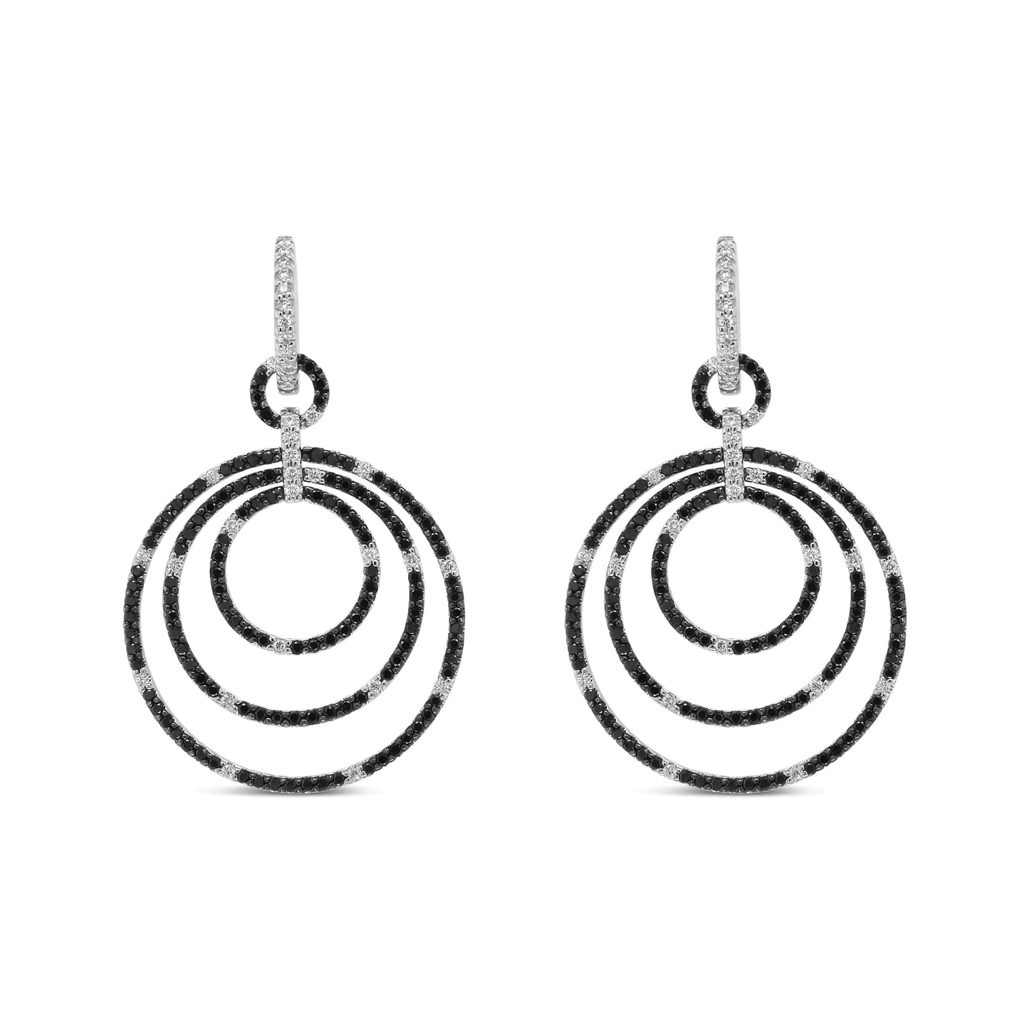 White Gold Round Black-and-White Diamond Graduated Hoop Dangle Earrings