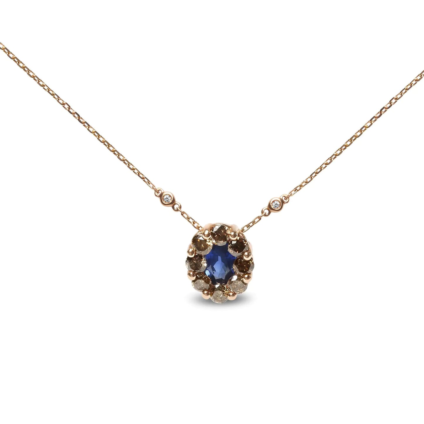 Rose Gold White-and-Brown Diamond Accent and Blue Sapphire Statement Halo-Cluster Pendant Necklace