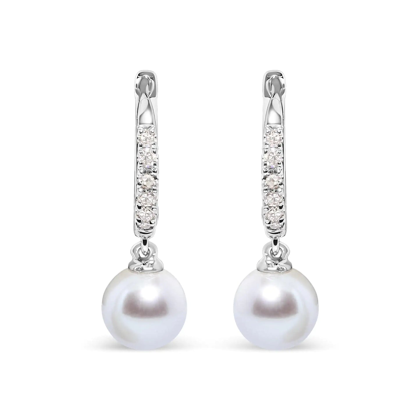 Rhodium-Plated White Gold Cultured Freshwater Pearl and Diamond Accent Drop Huggy Earrings