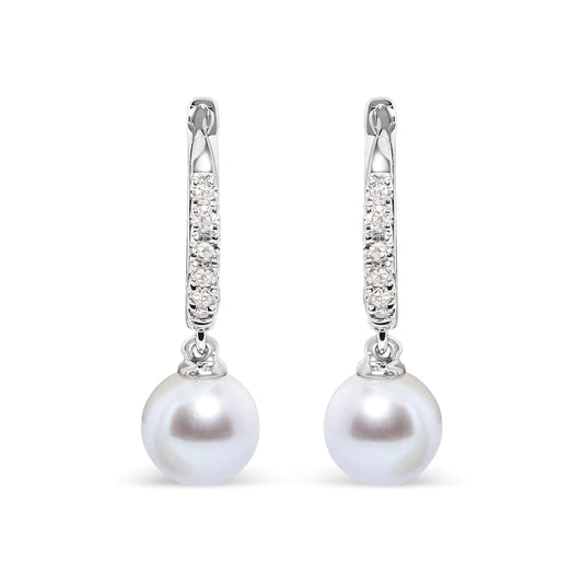 Rhodium-Plated White Gold Cultured Freshwater Pearl and Diamond Accent Drop Huggy Earrings