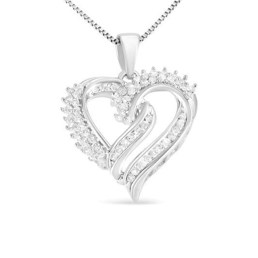 Silver Diamond Double-Row Openwork Heart Pendant Necklace