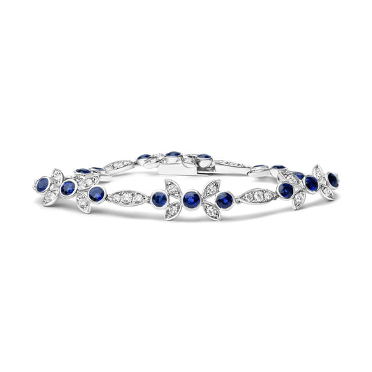 White Gold Diamond and Round Blue Sapphire Gemstone Floral-Link Bracelet