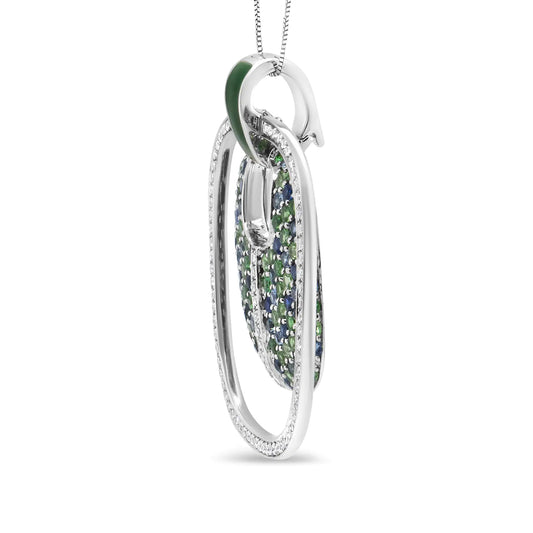 Silver Green Enamel Pendant with Diamond, Sapphire, and Tsavorite Openwork Statement Pendant Necklace