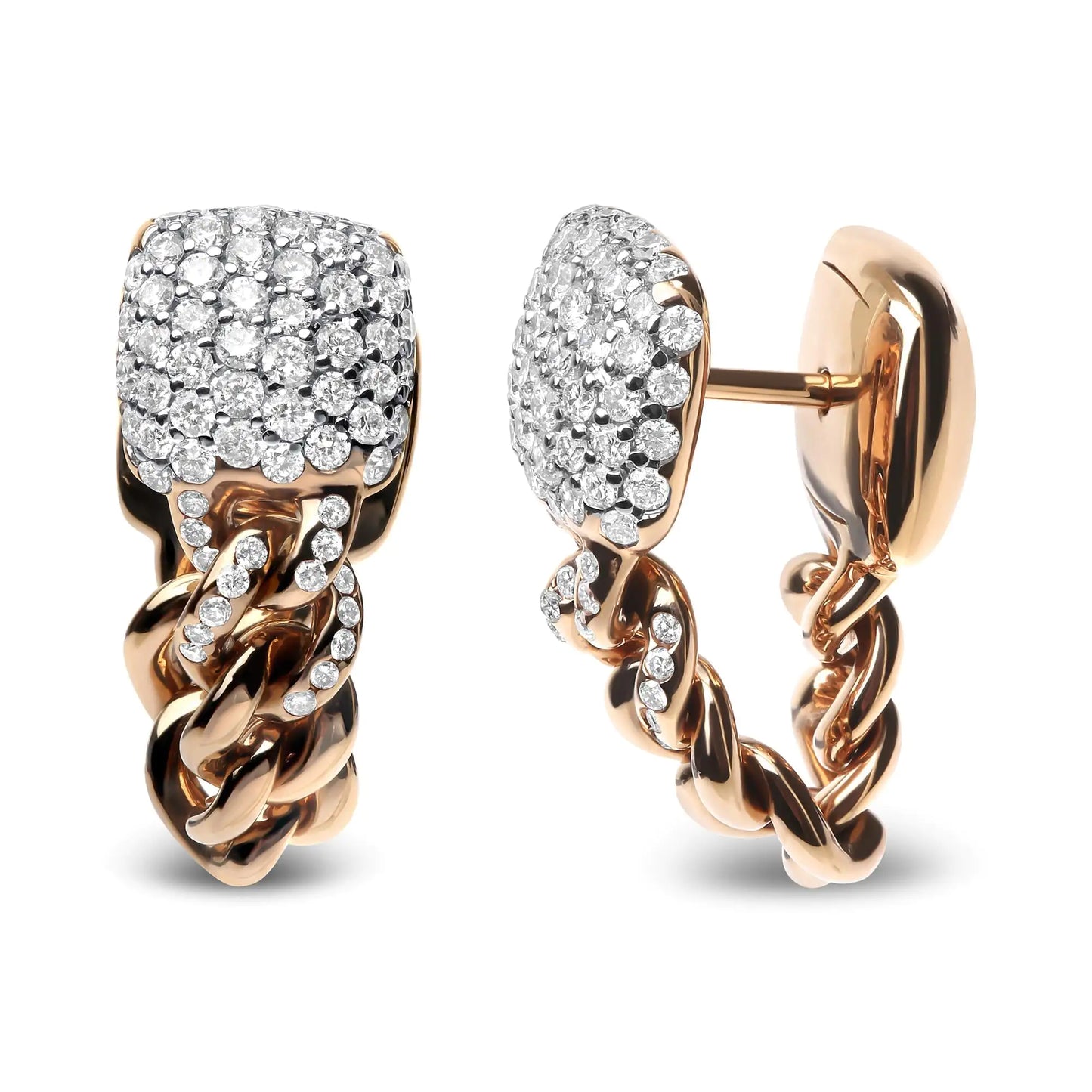 Rose Gold Round Diamond Cuban-Chain Huggie Earrings