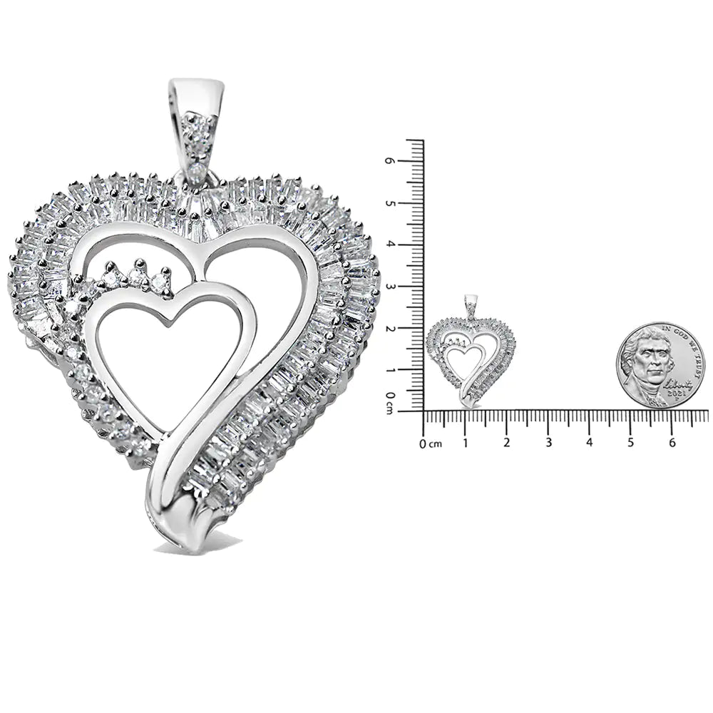 Silver Round and Baguette Diamond Double Heart Pendant Necklace