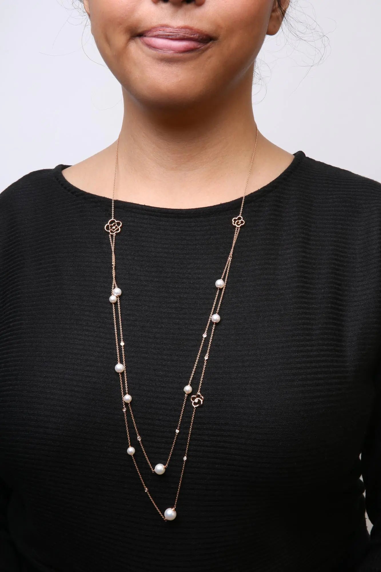 Rose Gold Diamond and Freshwater Pearl Double-Strand Station Necklace