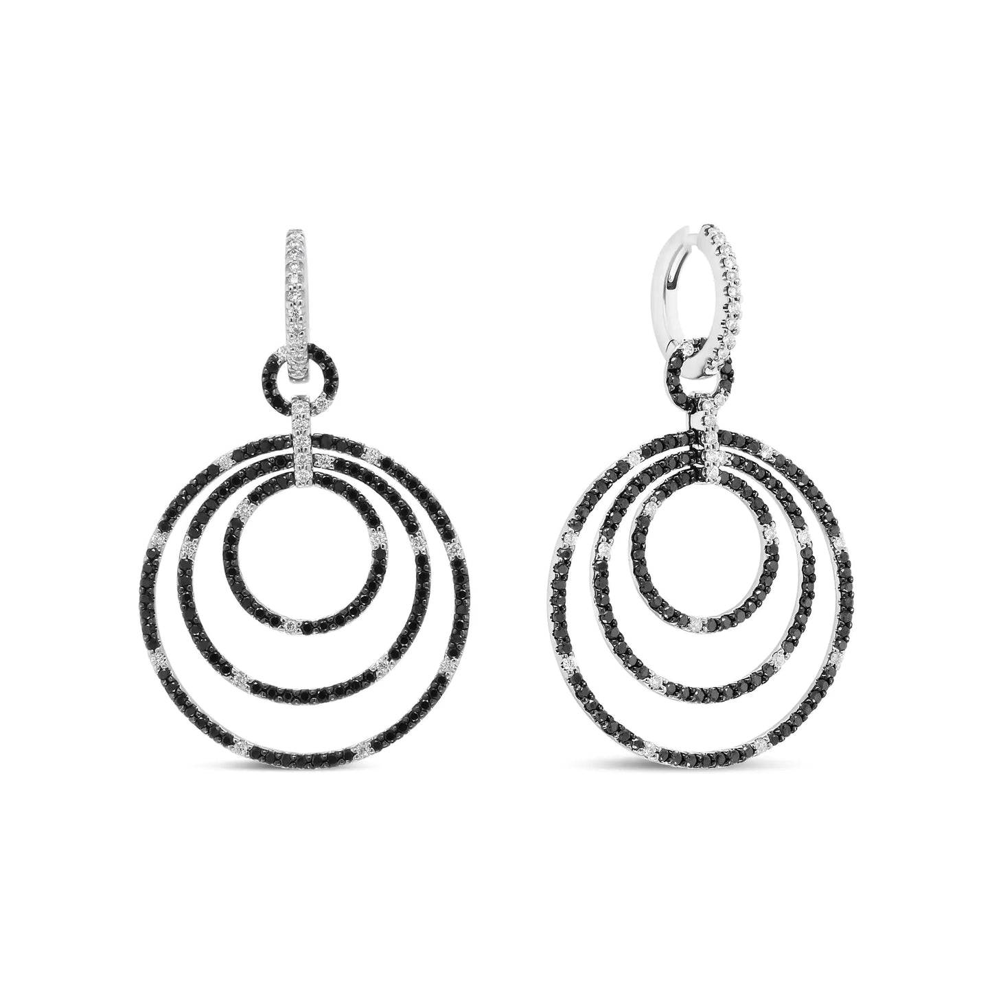 White Gold Round Black-and-White Diamond Graduated Hoop Dangle Earrings