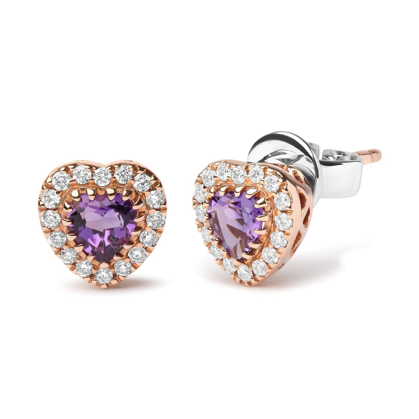 White-and-Rose Gold Diamond and Heart-Cut Purple Amethyst Gemstone Halo-Heart Stud Earrings