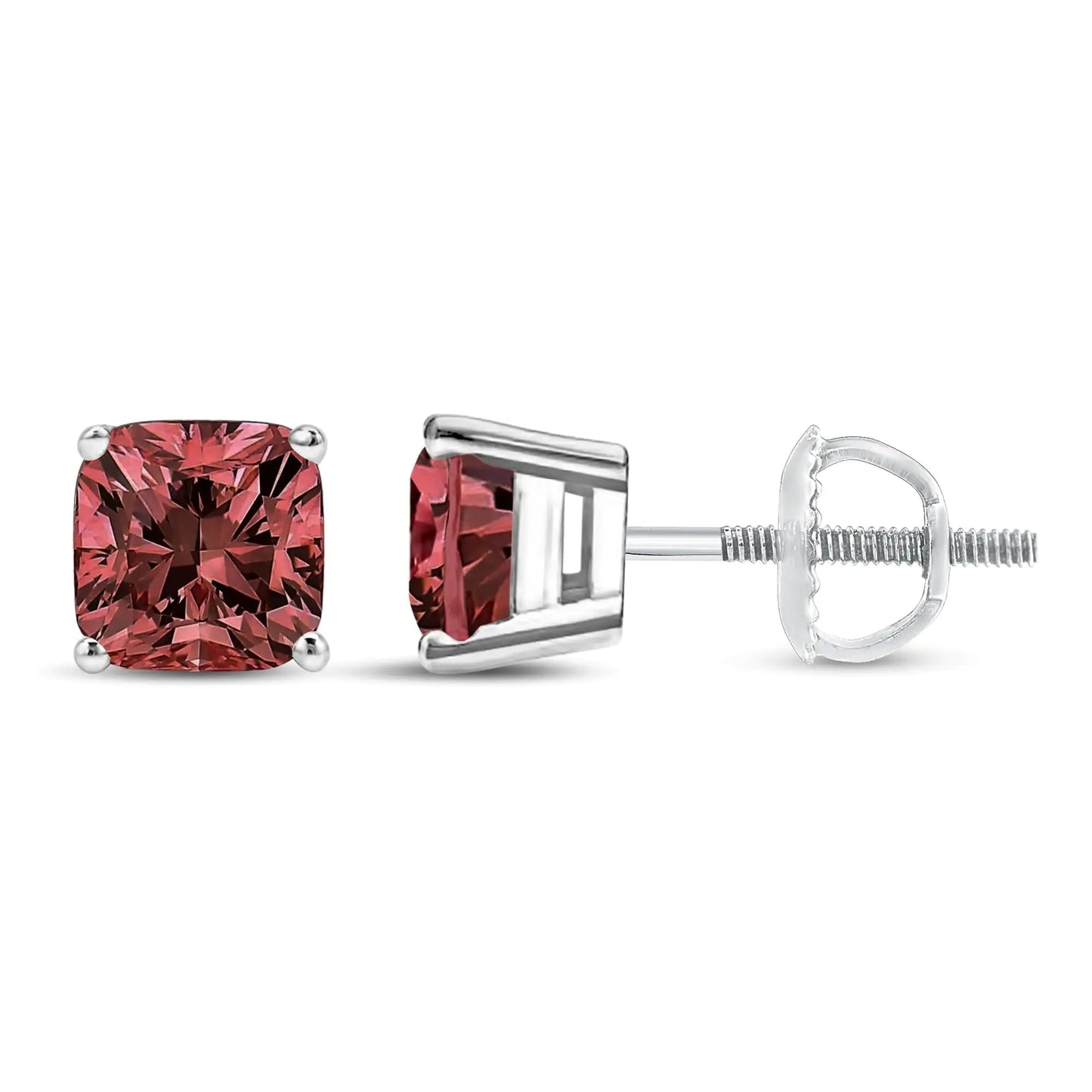 White Gold Lab-Grown Pink Cushion Four-Prong-Set Classic Diamond Solitaire Stud Earrings