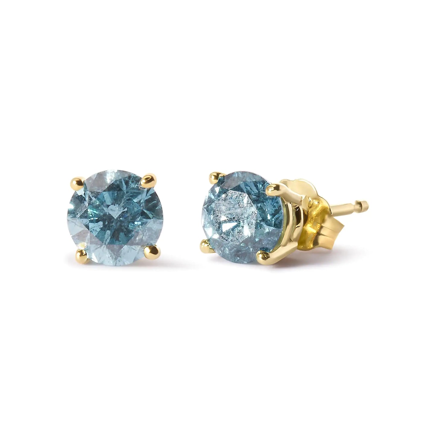 Yellow Gold Aqua-Blue Diamond Classic Solitaire Stud Earrings