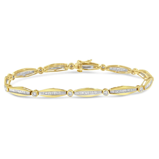 Yellow Gold Round Brilliant-Cut and Baguette-Cut Diamond and Tapered-Link Tennis Bracelet