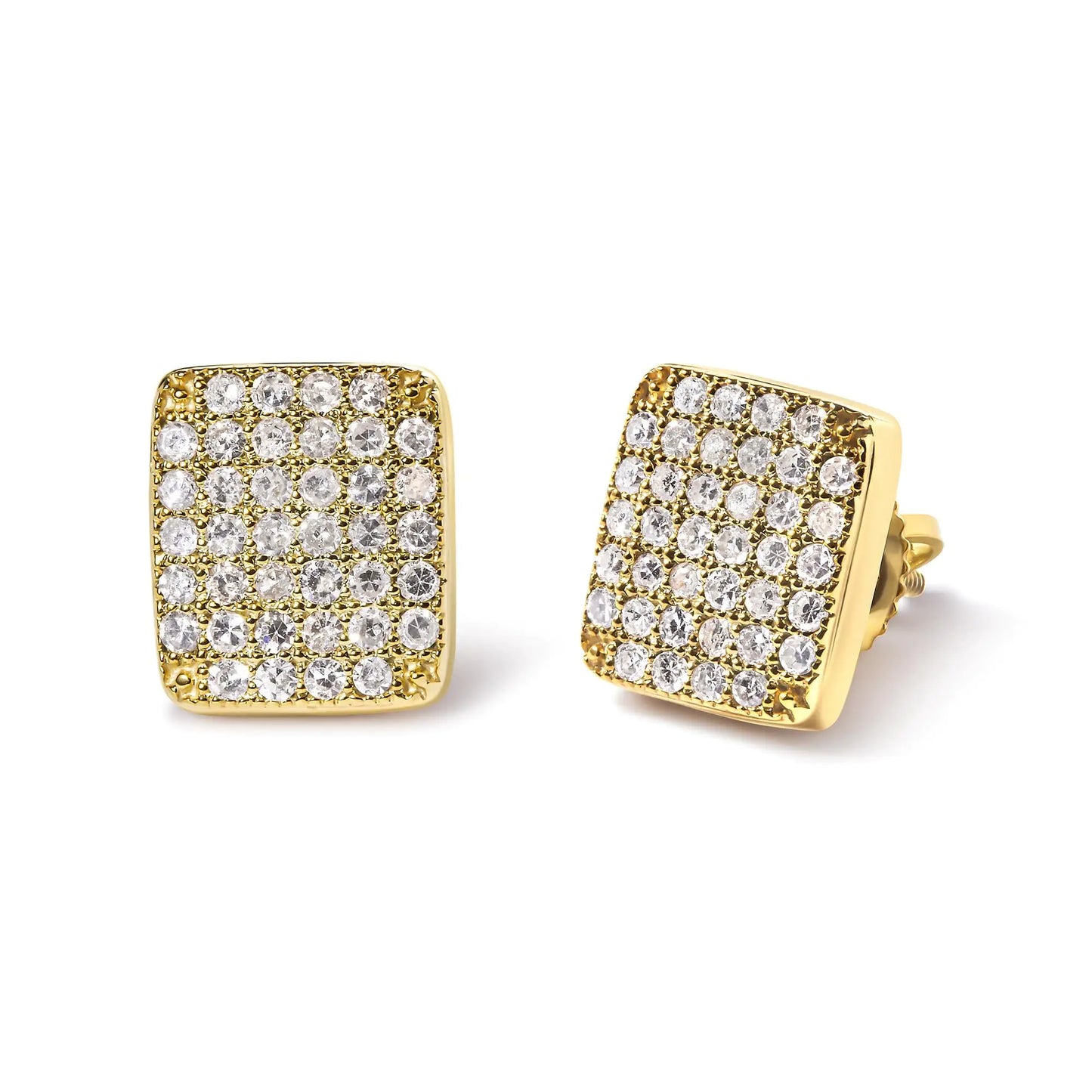 Yellow Gold Diamond Square-Shaped Composite-Cluster Stud Earrings