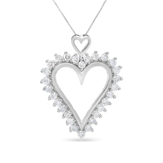 Silver Round Diamond-Lined Open-Heart Pendant Necklace