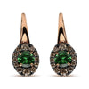 Rose-and-White Gold Round Brown Diamonds and Round Green Tsavorite Halo Drop-Hoop Earrings